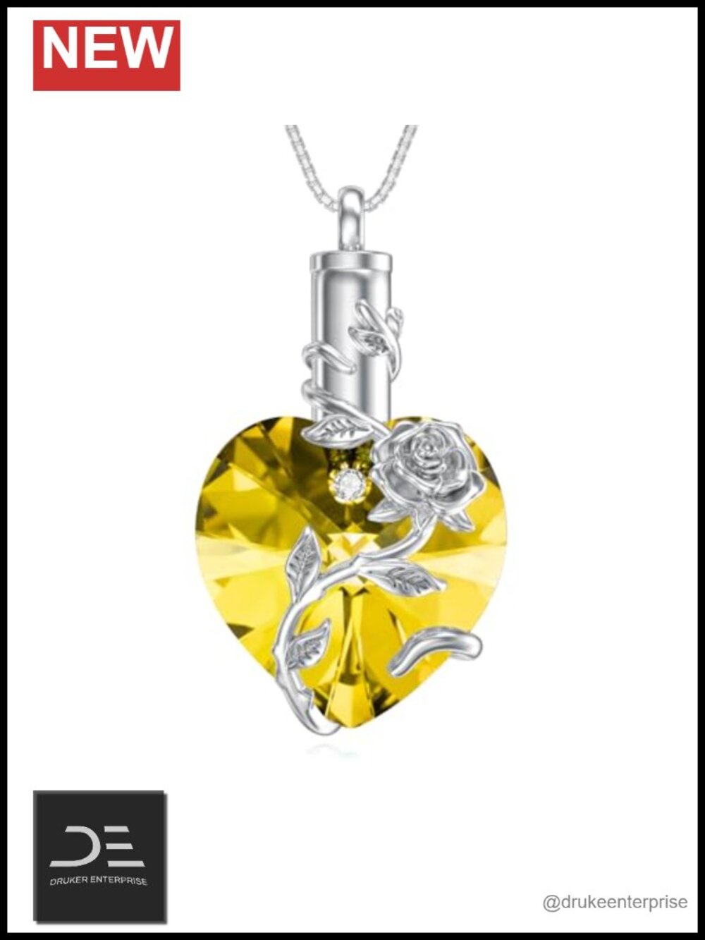925 Sterling Silver Urn Necklace Rose Flower Heart Citrine Memorial Cremation